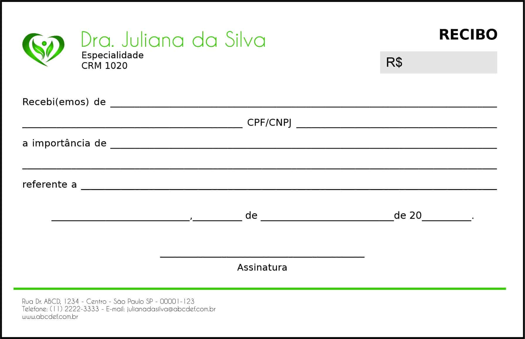 Recibo em 2 vias Endocrinologia Winnipeg