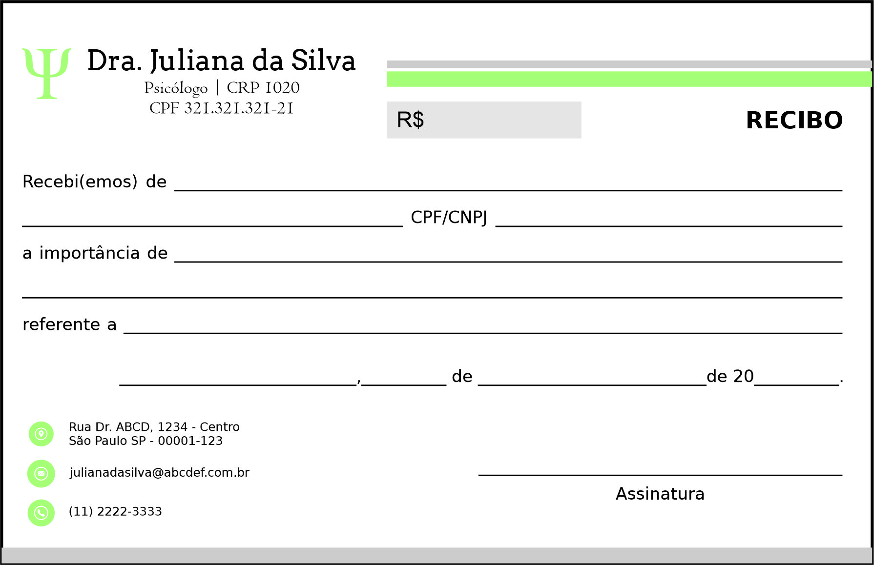 Recibo em 2 vias Psicológico Frankfurt
