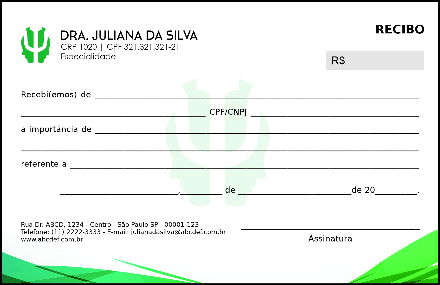 Recibo em 2 vias Psicológico Colônia