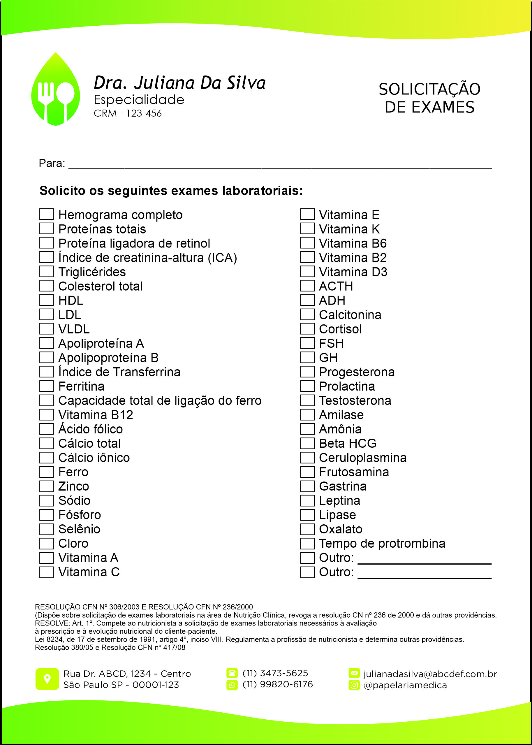 Solicitação de Exames Nutricionista Buenos Aires