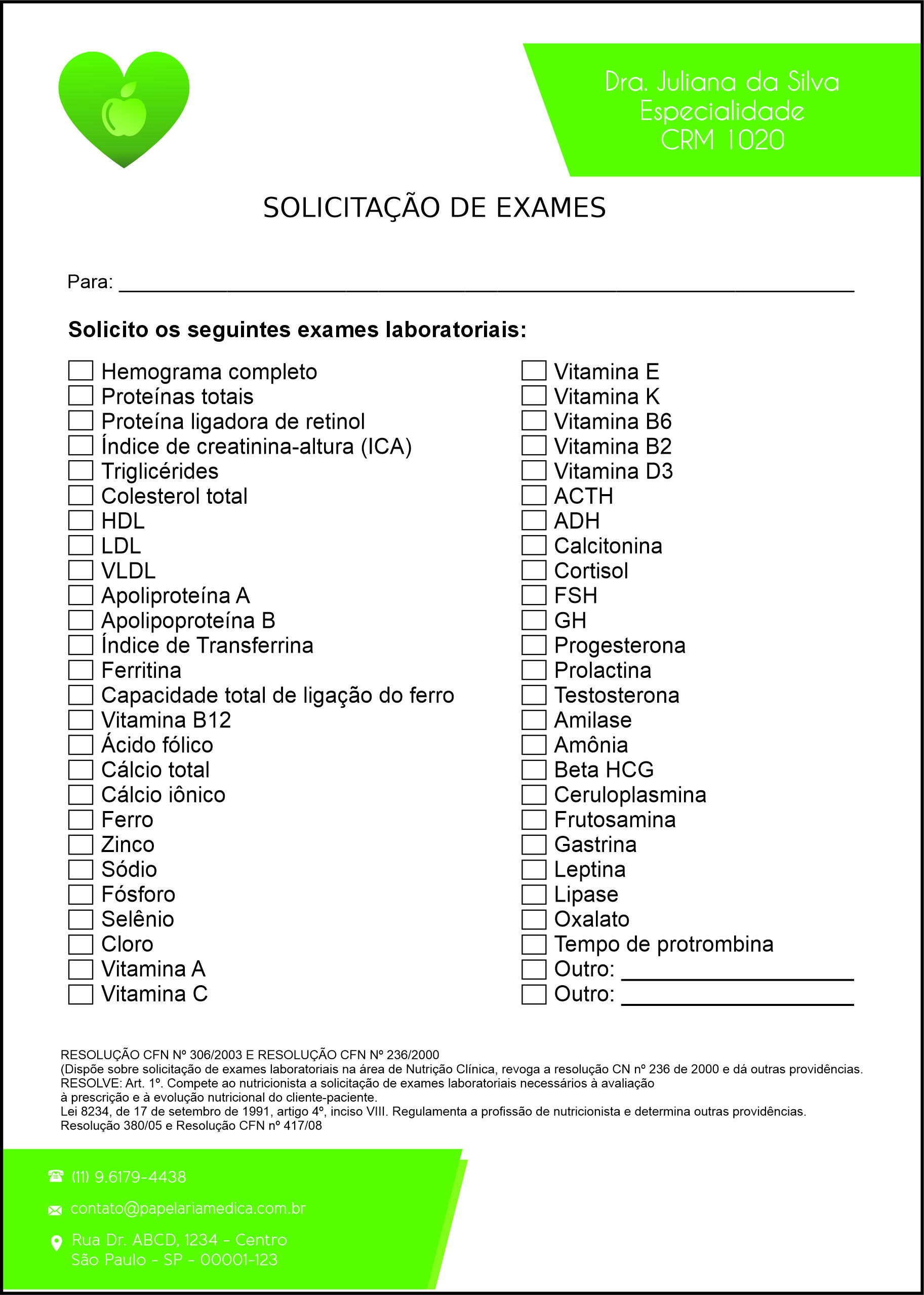 Solicitação de Exames Nutricionista Mendoza