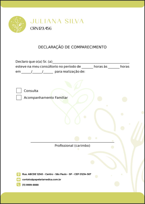 Declaração de Comparecimento Nutricionista Salta Declaração de Comparecimento Nutricionista Salta