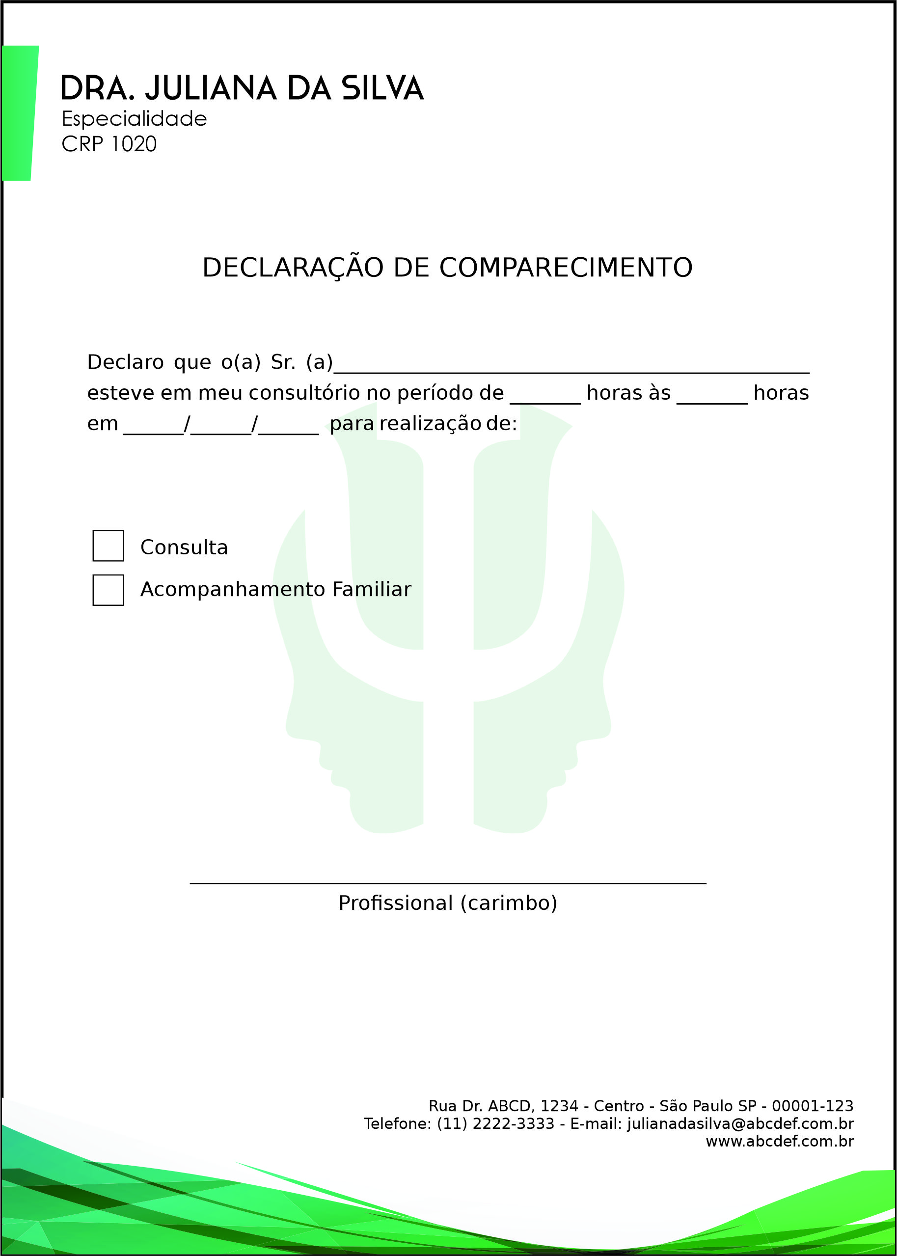 Declaração de Comparecimento Psicológico Colônia